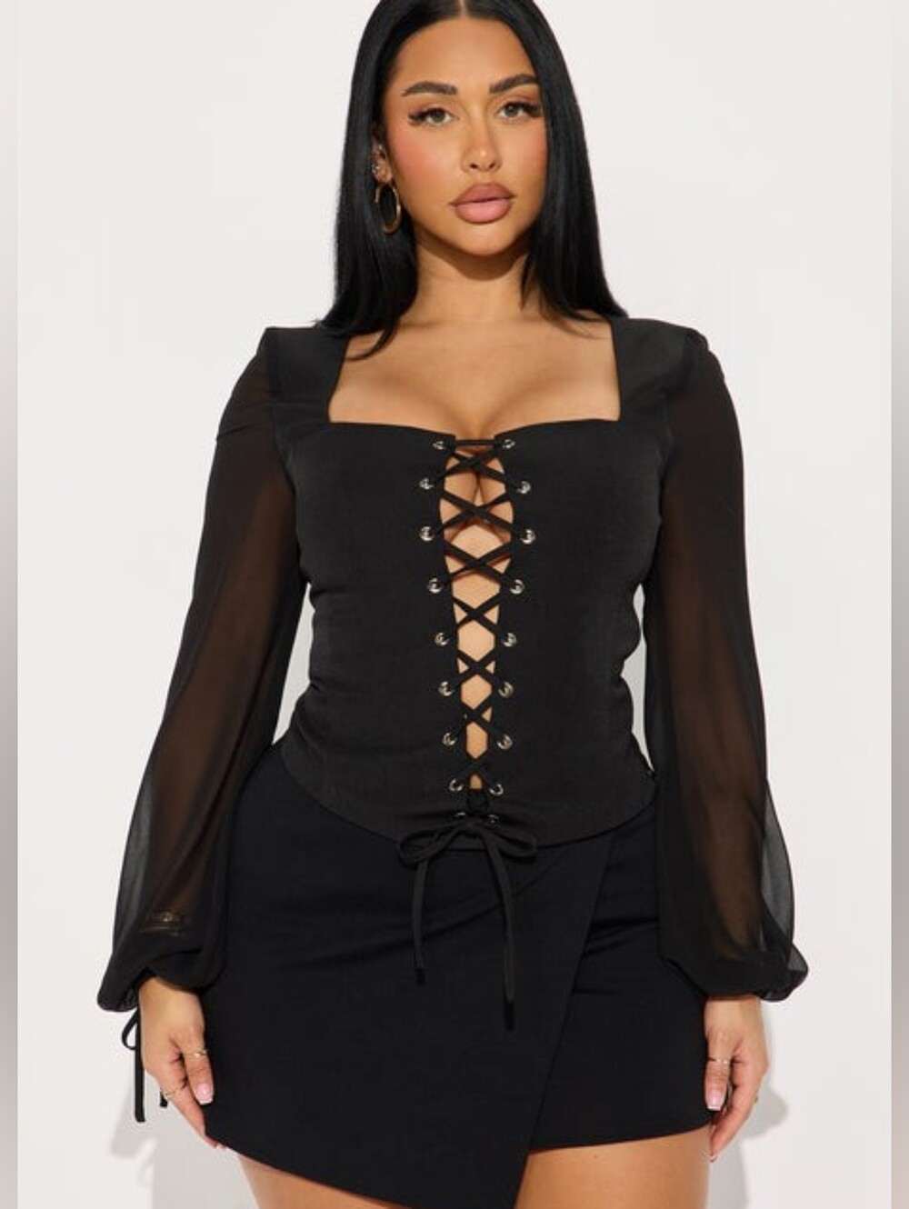 Tonight's Mood Black Lace Up Top With Chiffon Sleeves